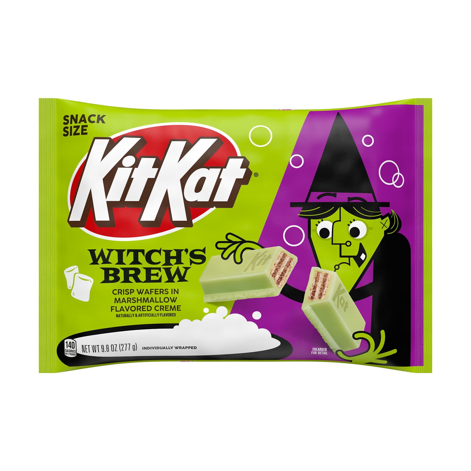 (2 pack) Kit Kat Witch's Brew Marshmallow Flavored Creme Wafer Snack Size, Halloween Candy Bag, 9.8 oz