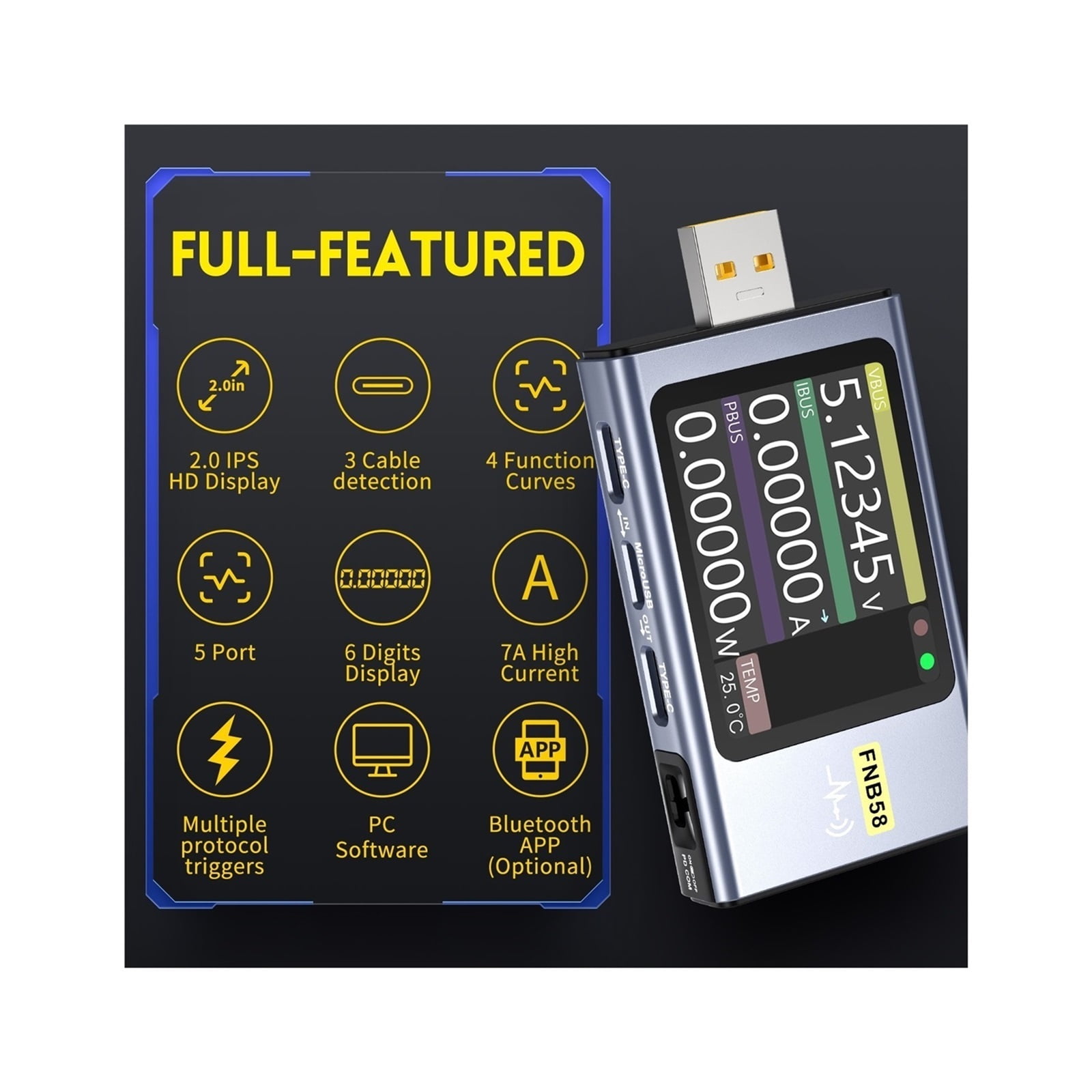 FNB58 USB Tester Voltmeter Ammeter TYPE-C Fast Charge Detection Trigger Capacity Measurement Ripple Measurement ,Live Data