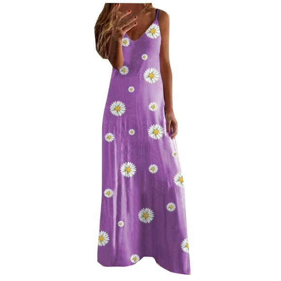 Pompotops Women Summer Casual Floral Printed Slimming Sling Party Long Dress