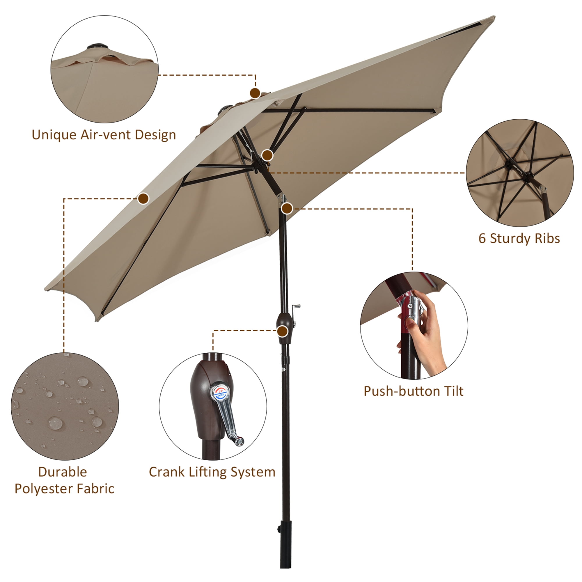 Gymax 9 ft Outdoor Patio Market Table Umbrella Garden Yard w/ Crank 6 Ribsb Tan