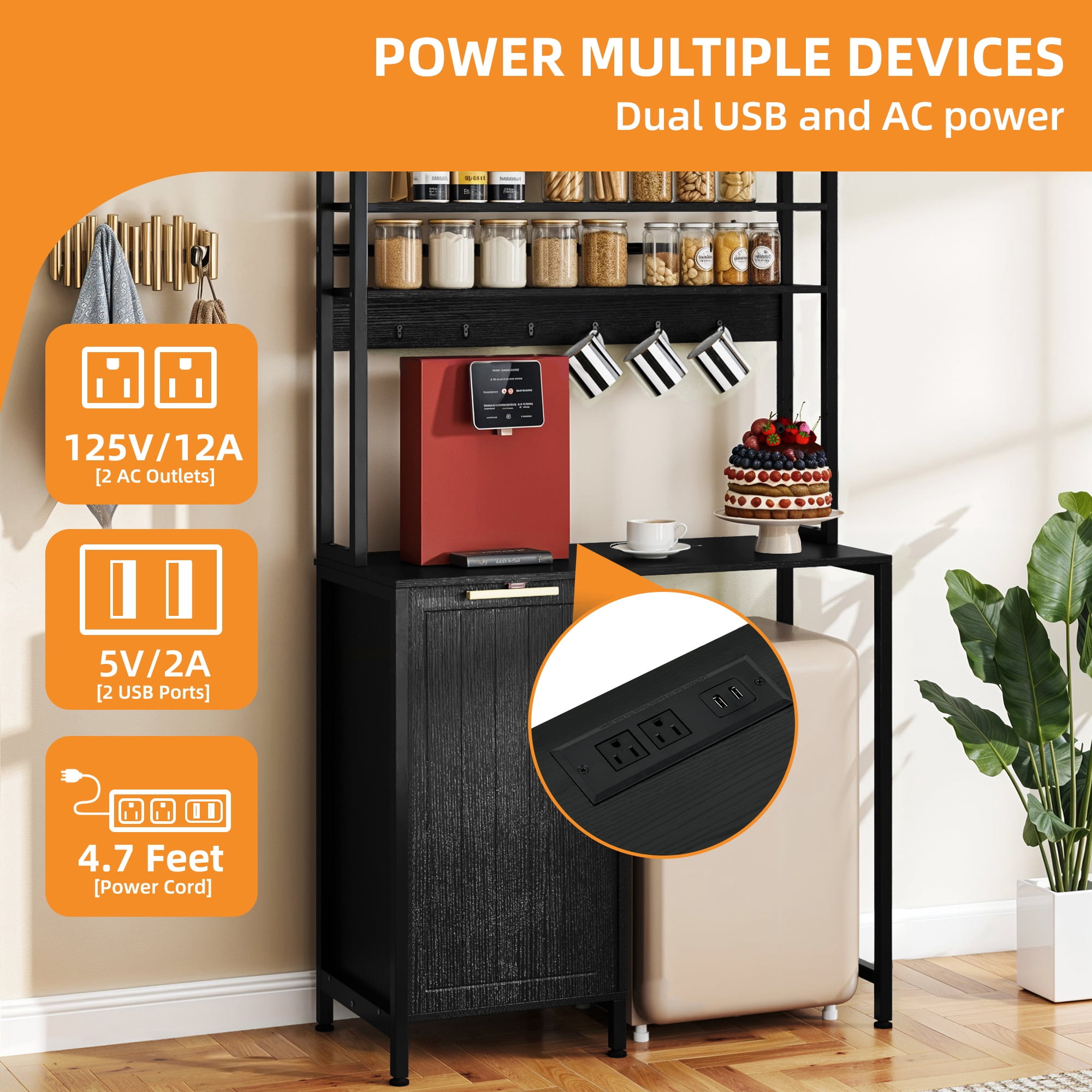 Craftian 3-Tier Mini Fridge Bakers Rack with 10-gal Trash Cabinet & Charging Station, Black