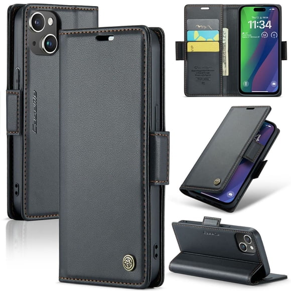 CaseMe Leather For iPhone 14 Wallet Case with RFID Blocking, For iPhone 14 Case Wallet for Women Men Card Holder Magnetic Clasp Kickstand Folio Case for iPhone 14,Black,For iPhone 14