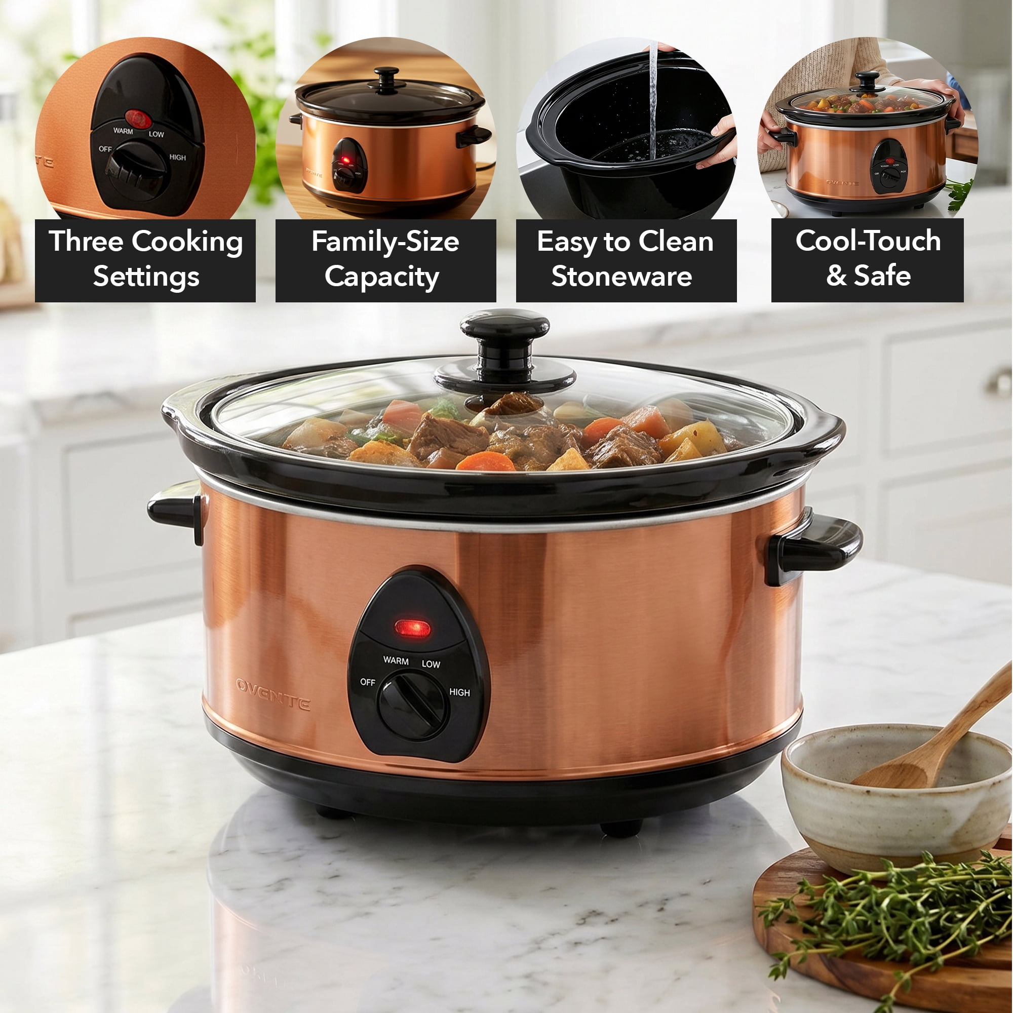 OVENTE Electric Slow Cooker with 3 Cooking Settings Non-Stick and Dishwasher Safe Stoneware, Stainless Steel Body, Glass Lid, 3.7 Qt Oval Pot for Entrees, Soups, Sauces, Stews & Dips, Copper SLO35ACO