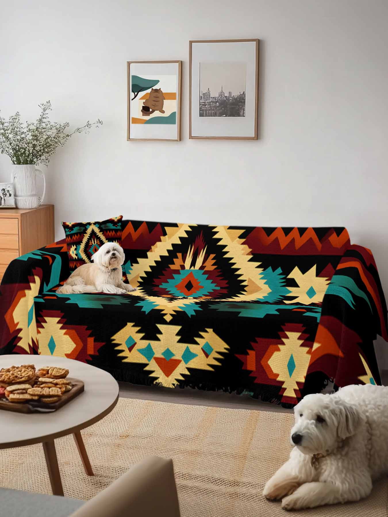 Boho Orange Teal Couch Cover, Vintage Geometric Southwestern Ethnic Sofa Cover Blanket for 3 Cushion Couch,Sectional Sofa Slipcover Furniture Protector for Living Room Bedroom 71''x134''