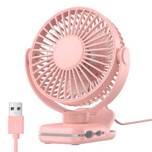 TOPK USB Clip on Fan, Small Portable Clip Fan, USB Table Fan with 3 Speeds Strong Airflow, 720° Rotation, Ultra-Quiet, Desk Fans for Home/Office/Stroller/Library and Summer Gift Pink