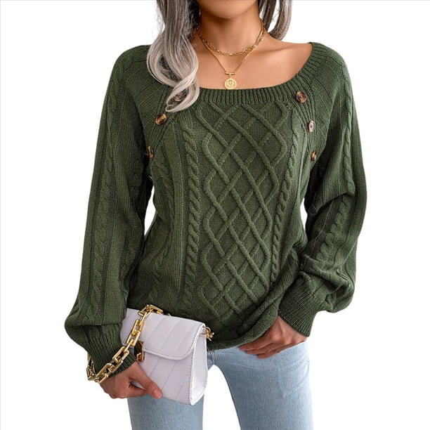 Suéteres Casuales de Punto con Estampado de Leopardo para Mujer, Suéteres de Larga con Cuello Redondo Verde M