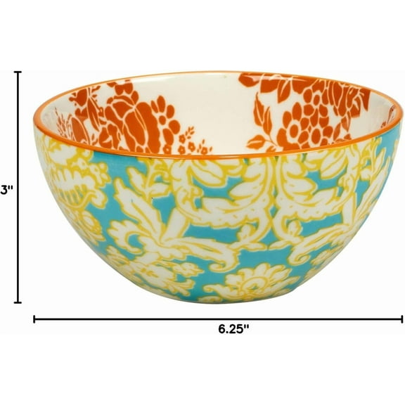 Damask Floral Porcelain Bowls, Set of 6 Assorted Colorful Designs - Great for Cereal, Rice, Soup, Snacks, Fruit, Ice