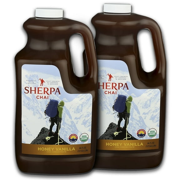 Sherpa Chai Honey Vanilla Organic Chai Tea Concentrate, 128 oz - Himalayan Black Tea Concentrate w/Freshly Pressed Ginger - Authentic Recipe Brewed by Nepali Sherpas - Chai Tea Gift for Tea Lovers