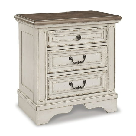 Signature Design by Ashley Realyn French Country 3 Drawer Nightstand with Electrical Outlets & USB Ports, Chipped White