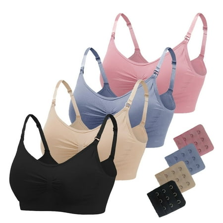 Valcatch 4 Pack Women Wirefree Nursing Bra Padded Seamless Maternity Breastfeeding Underwear(Black/Beige/Gray-Blue/Dark Pink)