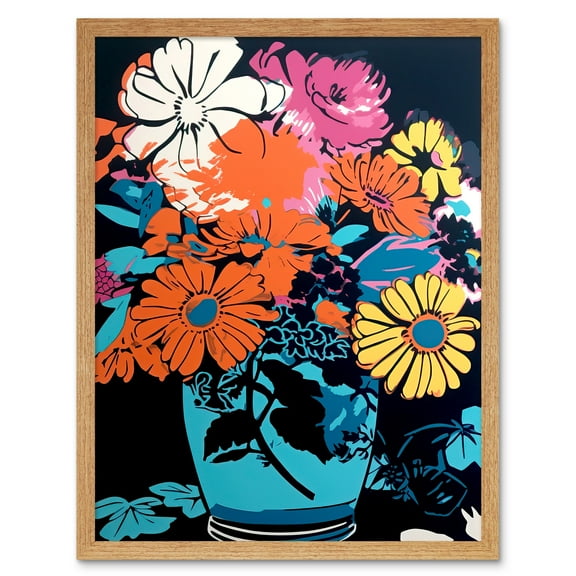 Flower Bouquet in Vase Linocut Orange Yellow Blue Pink Floral Preppy Aesthetic Art Print Framed Poster Wall Decor 12x16 inch
