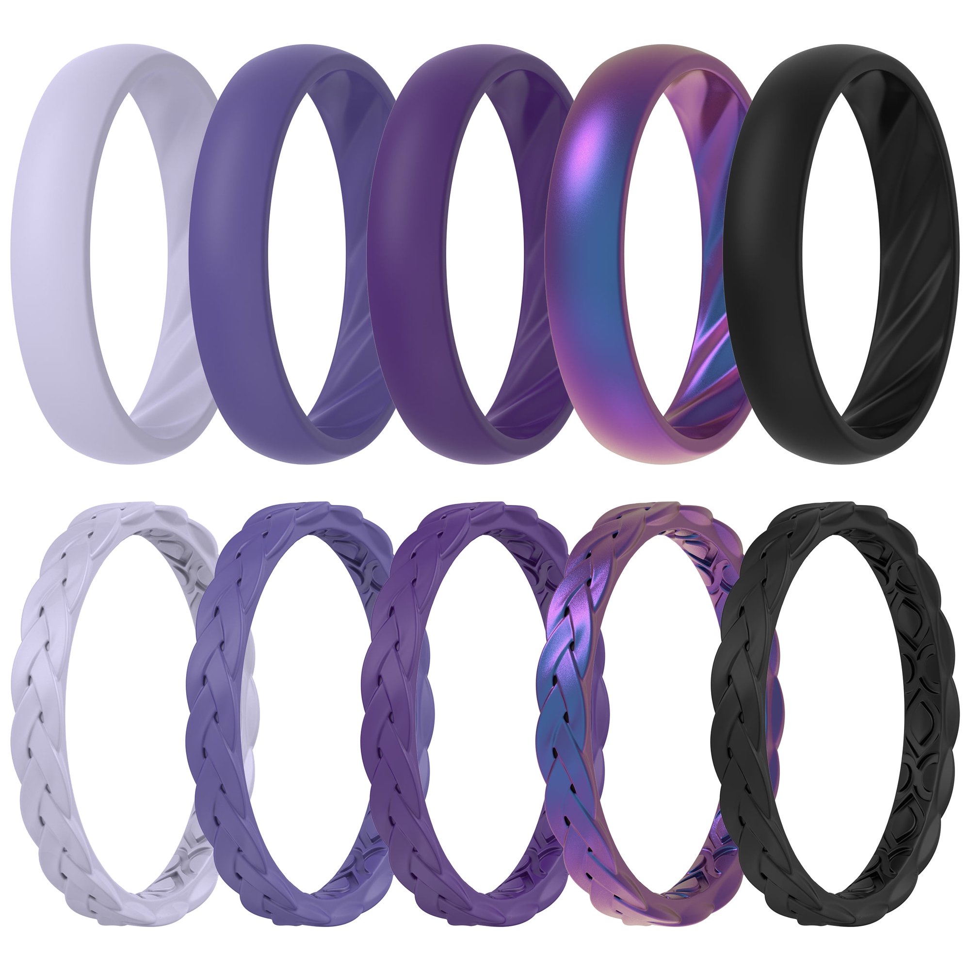 ThunderFit Silicone Rings for Her - Mix Women's Silicone Wedding Rings, 1.8mm Thick Rubber Engagement Rings Braided & 4mm Classic Rings Combo