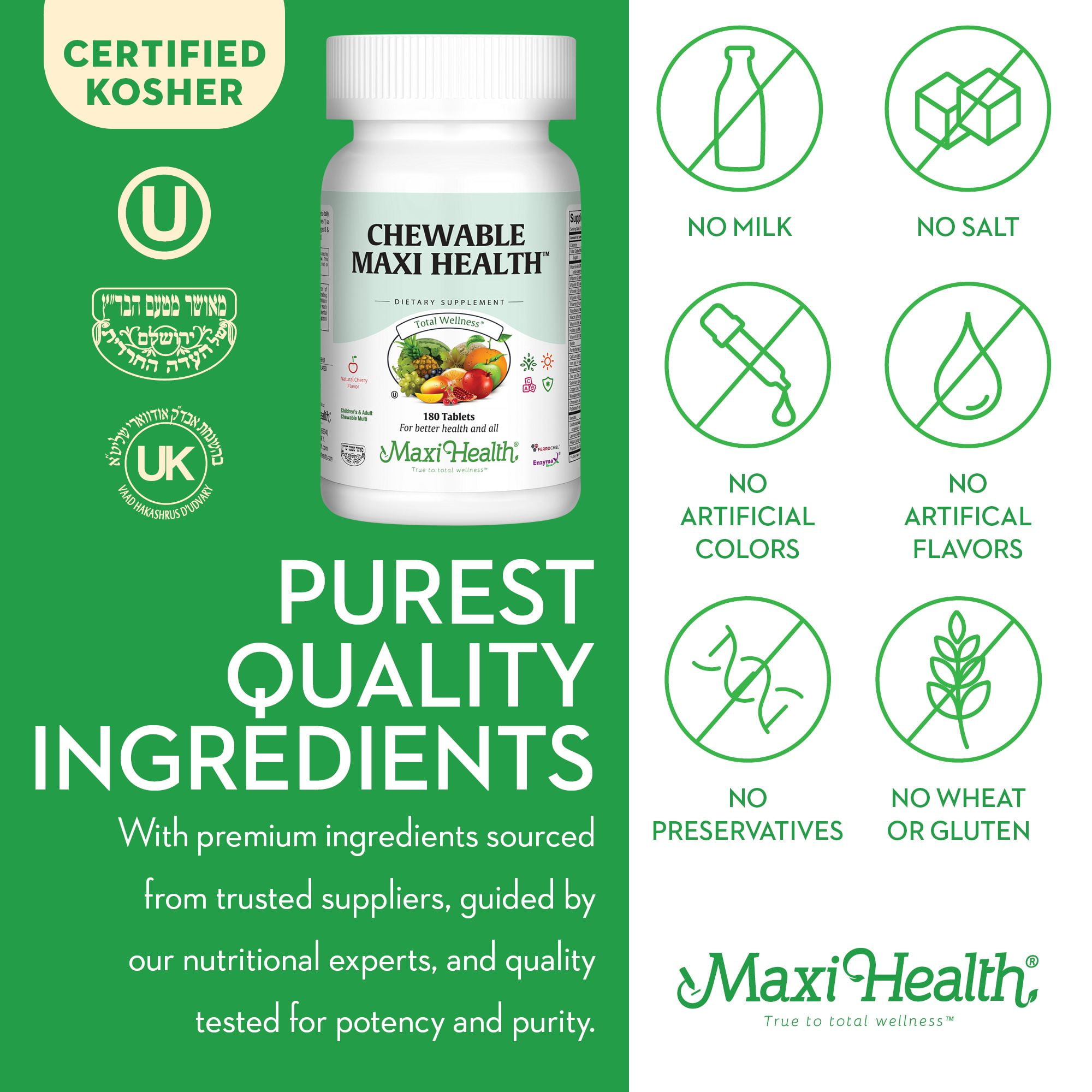 Maxi Health Chewable Multivitamin with Iron – Cherry – Kids, Teens & Adults – Immune Support – 180 Ct