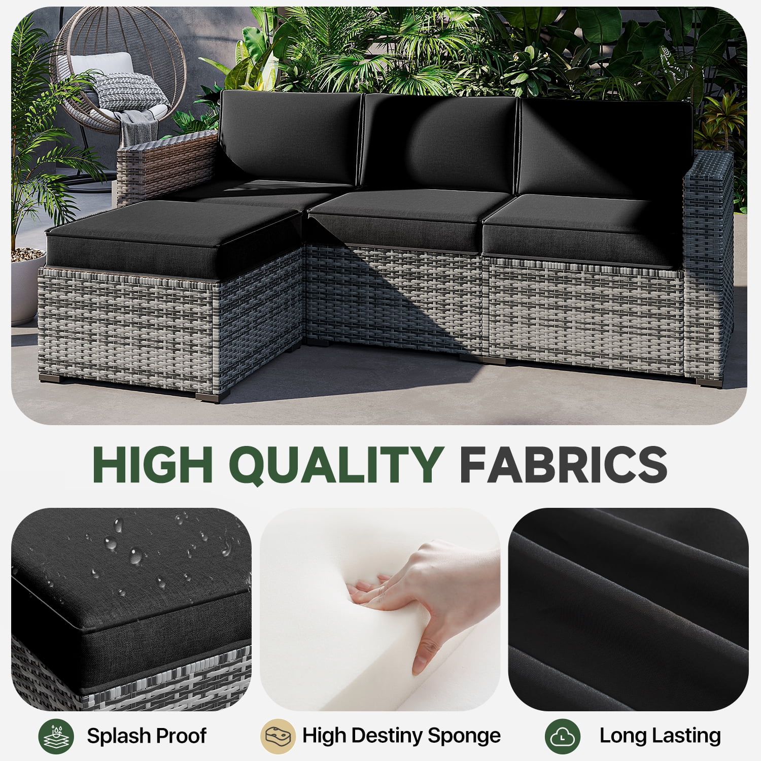 BaPiPro 4-Person Black Outdoor Sectional Sofa Cushions, Waterproof Polyester Patio Cushions with High-Density Sponge, No Assembly Required, for Backyard, Balcony, Deck, Poolside
