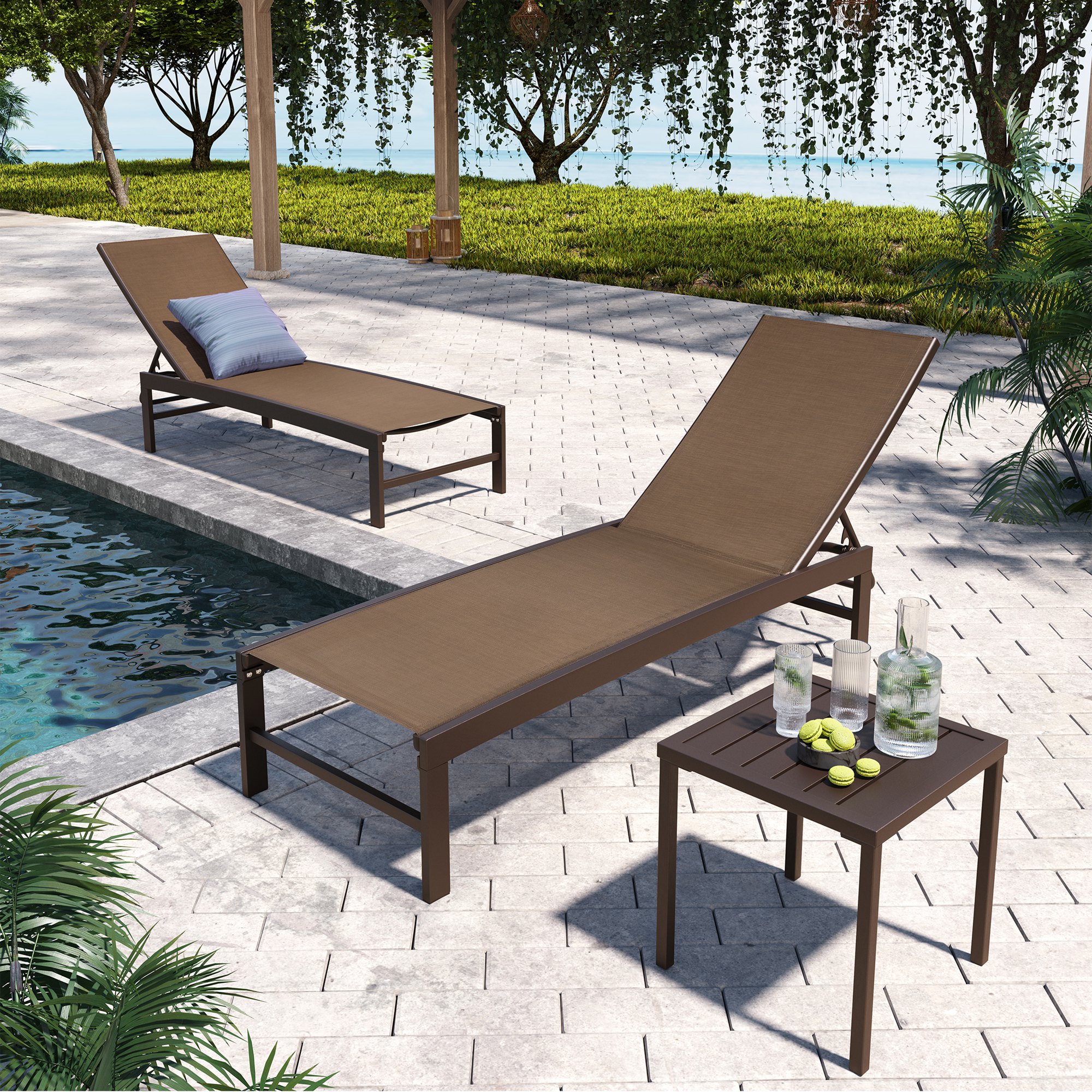 Pellebant Set of 3 Outdoor Chaise Lounge Aluminum Adjustable Patio Chairs With Table,Brown - image 2 of 10
