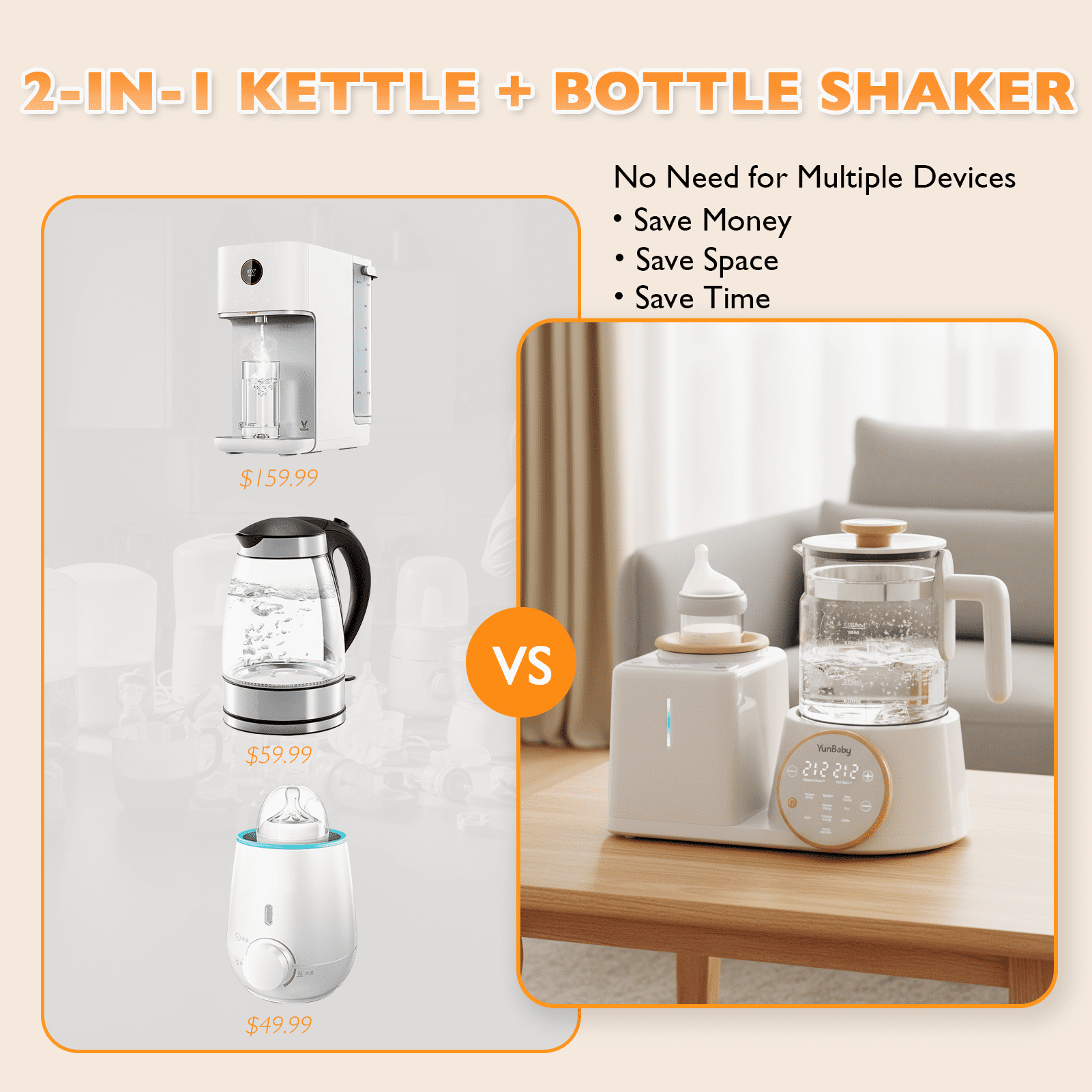 YunBaby 2-in-1 Baby Bottle Warmer & Formula Maker with Electric Kettle, Automatic Rotating Bottle Shaker, Fast Heating Water Warmer with Temperature Control for Formula, Breastmilk & Night Feeding
