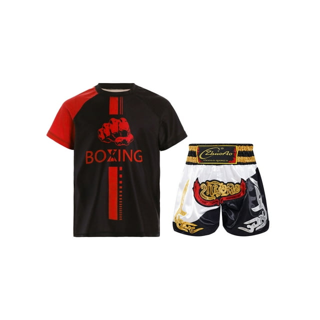 YONGHS Ensemble d'Uniforme de Muay Thai pour Garçons, Tenues de Grappling Kickboxing, Chemises de Sport avec Boxeurs Rouge&Blanc&Noir 10