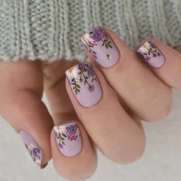 Huhudde 24 Pcs Flowers Stick on Nails Reusable Artificial Nails Short Square False Nails Glossy Press On Nails for Woman Girls