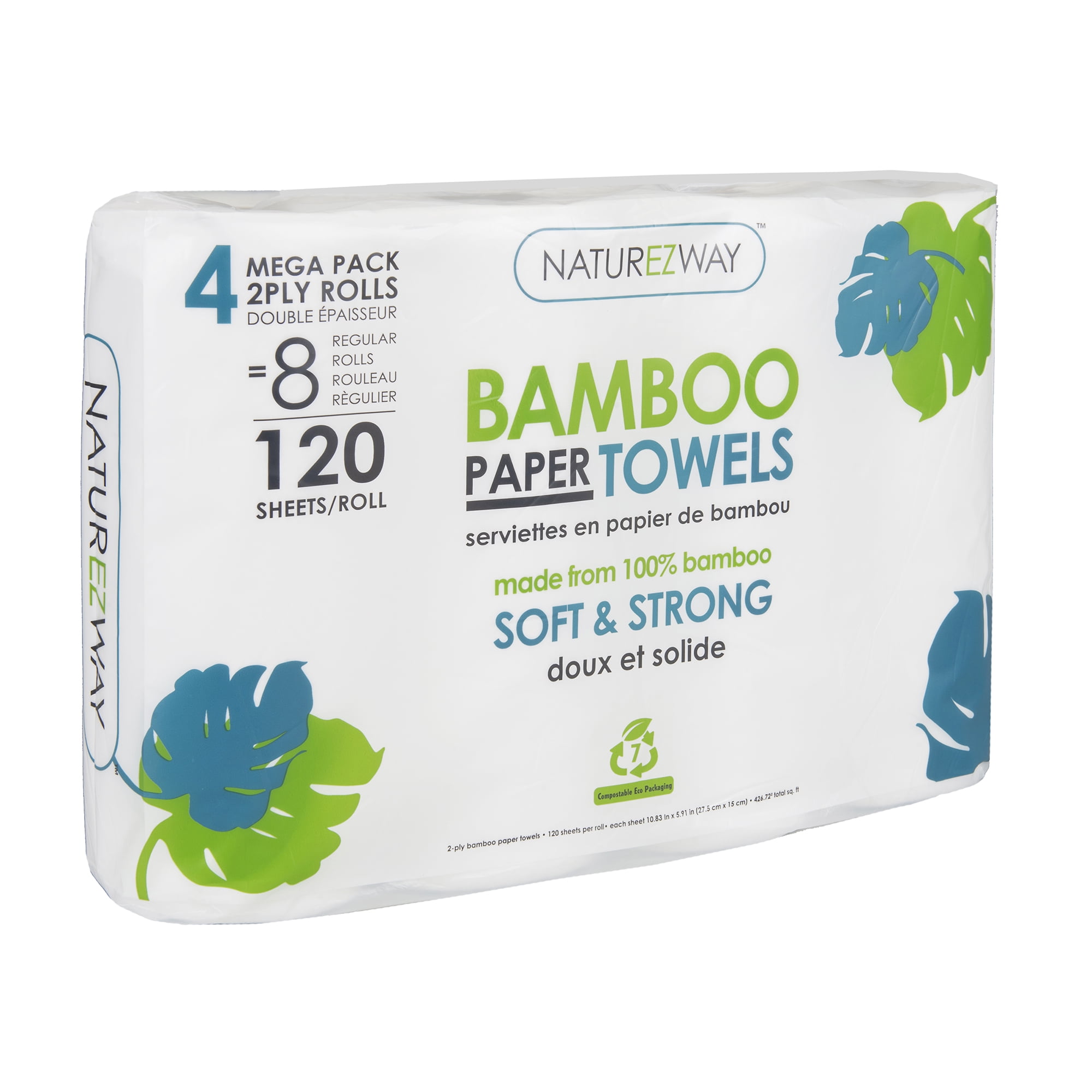 NATUREZWAY Bamboo Disposable Mega Towels, 2-Ply, 32 Mega Rolls, 120 Sheets per Roll