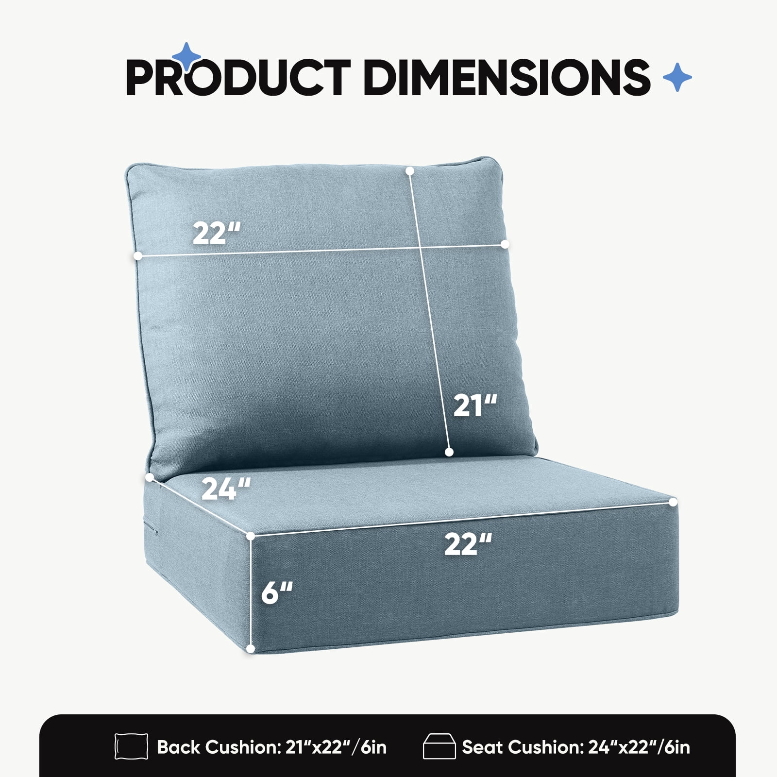 Joyofarm 24" x 22" x 6" Outdoor Chair Cushions for Patio Furniture, Deep Seat and High Back for Patio Rocking Dining Chair and Couch, Baby Blue