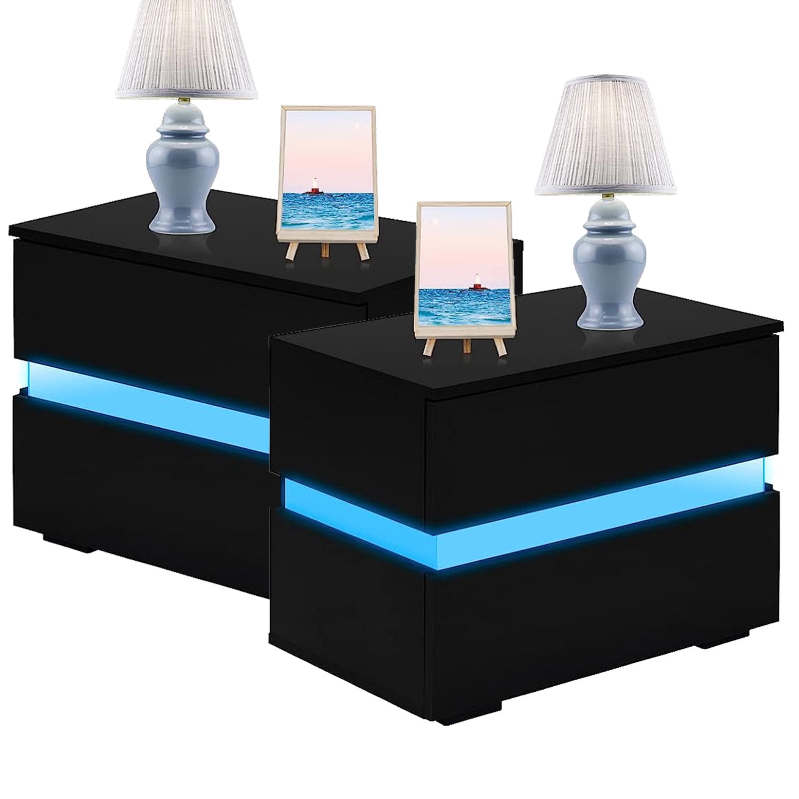 Modern Nightstand Set of 2 with LED Light & 2 Drawers, High Gloss Wood