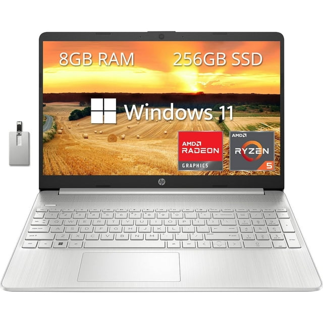 HP Portable 15,6 Po FHD, Processeur AMD Ryzen 5-5500U (Surpasse Intel i7-1065G7), 8 Go de RAM, SSD PCIe 256 Go, Graphiques AMD Radeon, Caméra Web HD, Bluetooth, Wi-fi, Win 11, Argent, Carte USB Hotface 32 Go