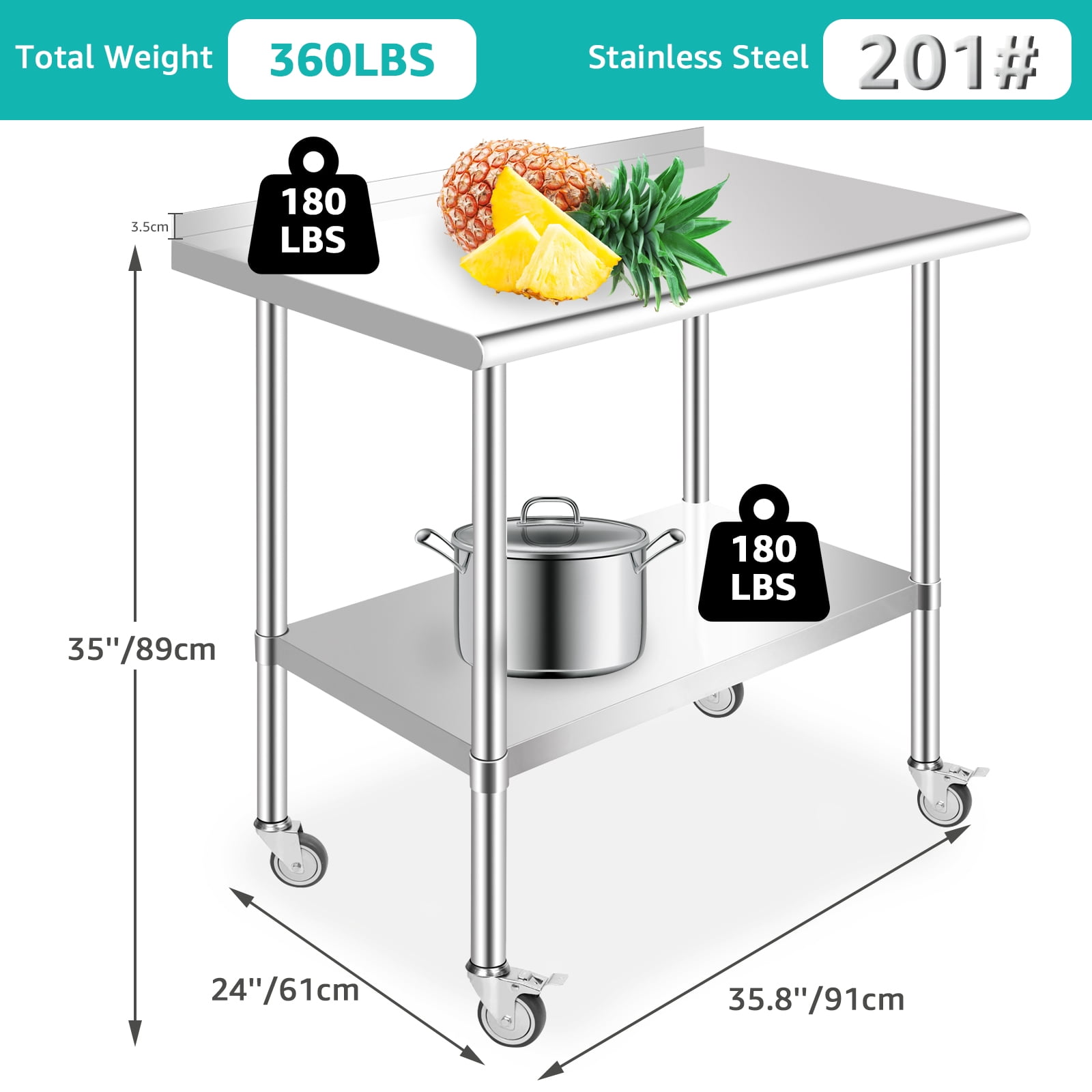 PRIJESSE 36 x 30 Inch With baffle Stainless Steel Table w/ Undershelf, Casters, Commercial Kitchen Work & Prep Table