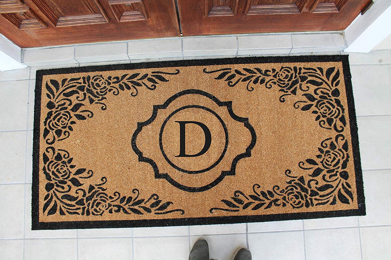 A1HC Natural Coir Monogrammed Floral Door Mat, 36"x72", Durable Anti-Shed Outdoor Door Mat, Heavy-Duty, Low-Profile, Easy to Clean