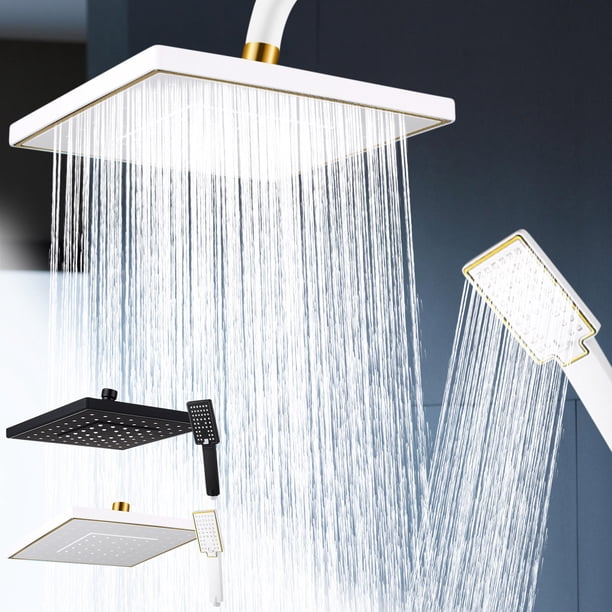 Cabezal de ducha presurizado con mano - Cabezal de ducha de panel grande de 20 cm - 5 modos de pulverización ajustables - Ajuste universal - Plástico ABS resistente al óxido