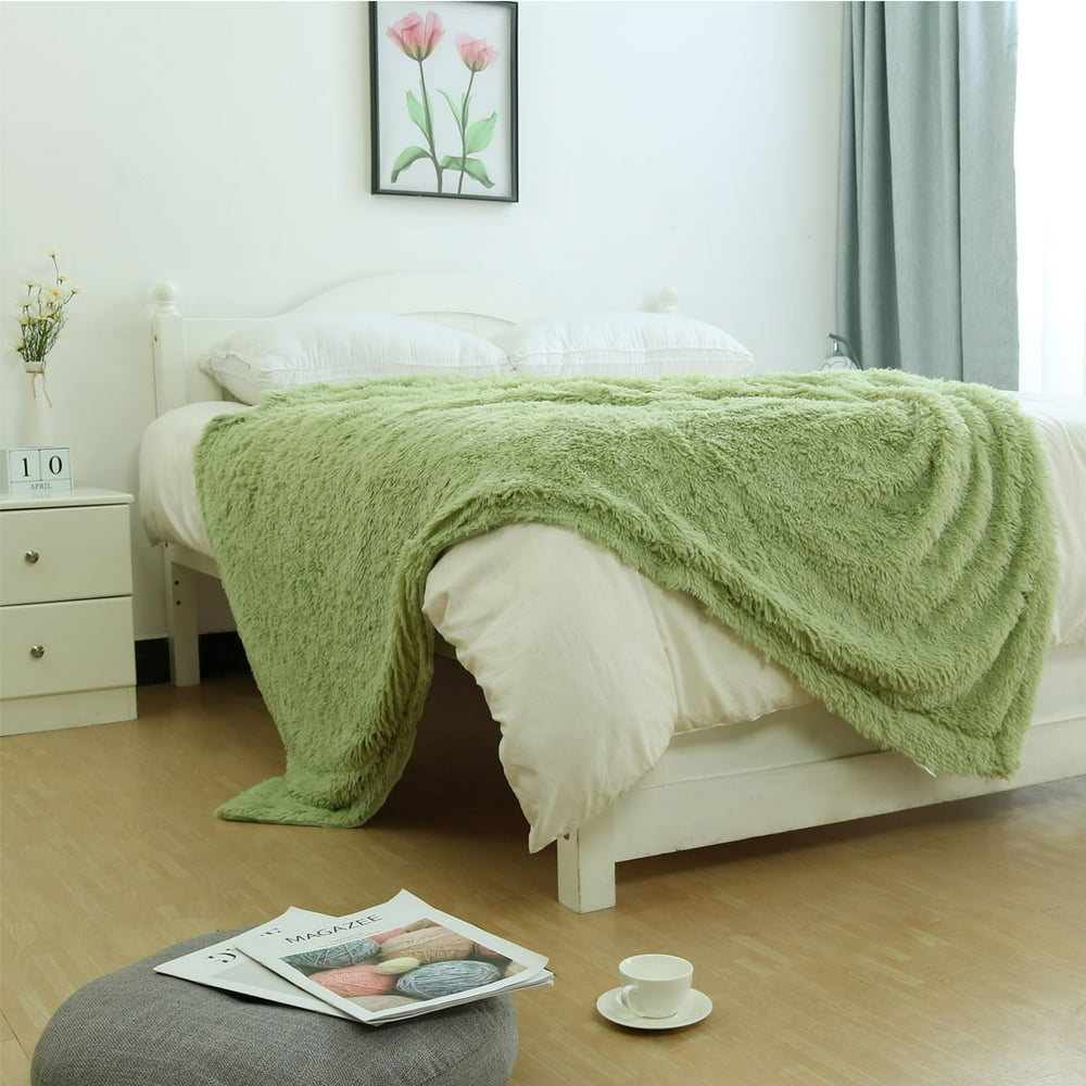 Unique Bargains Shaggy Faux Fur Decorative Blanket Pale Green Throw