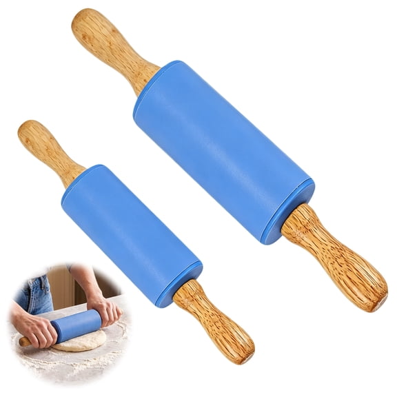 Silicone Rolling Pin, 2PCS Dough Roller with Wooden Handle 12" 15" Roller Pins for Baking Pastry, Pizza, Fondant, Tortilla, Bread Crus, Christmas Cookies Supplies