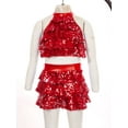 thumbnail image 3 of Hansber Kids Girls Lyrical Dance Outfits Shiny Sequins Modern Dance Dress Dancewear Latin Jazz Crop Red 8, 3 of 7