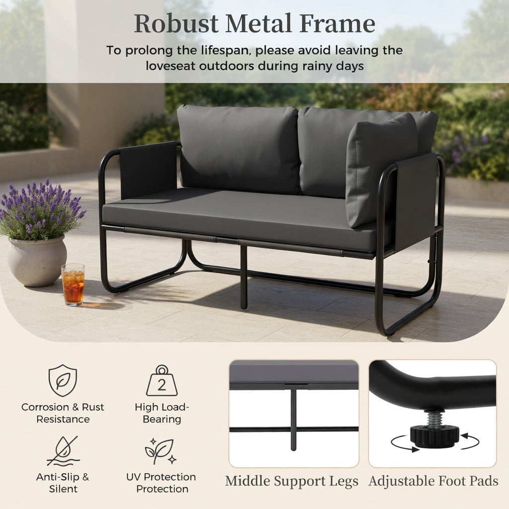 Hommoo Outdoor Patio Loveseat Sofa, 2-Person Metal Frame Couch with Removable Machine-Washable Cushions, Armrests & Adjustable Feet, Gray