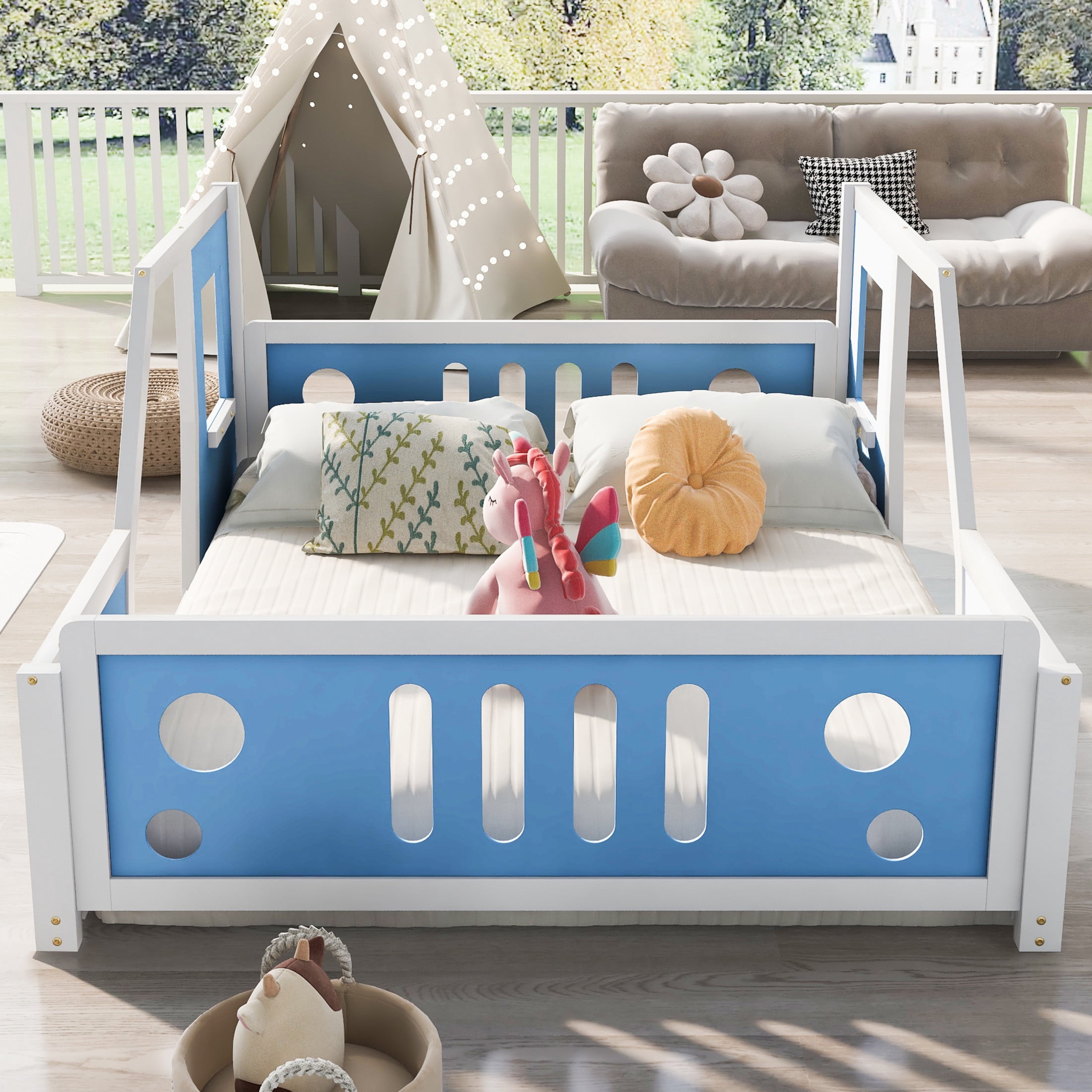 Noble House Full Classic Car-Shaped Platform Bed, Playful Pine Wood Frame with Doors and Wheels, Blue