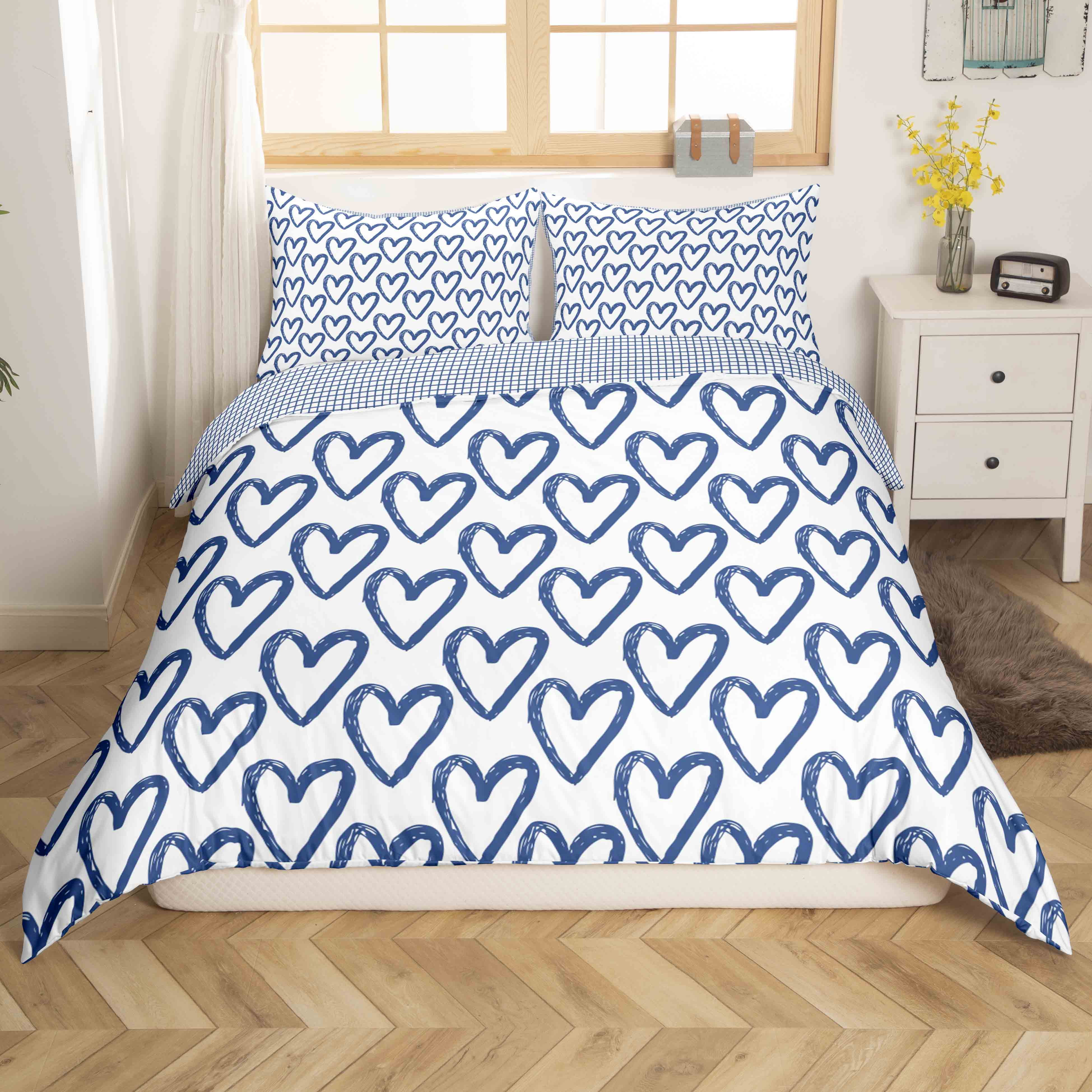 Love Duvet Cover Heart Shaped Bedding Sets,Light Blue Lattice Plaid