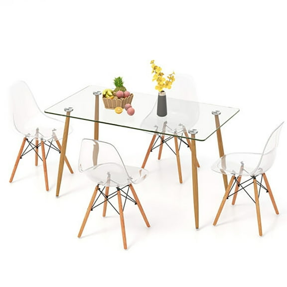 Gymax Modern 5-Piece Dining Table Set w/ Rectangle Glass Table & 4 Transparent Chairs
