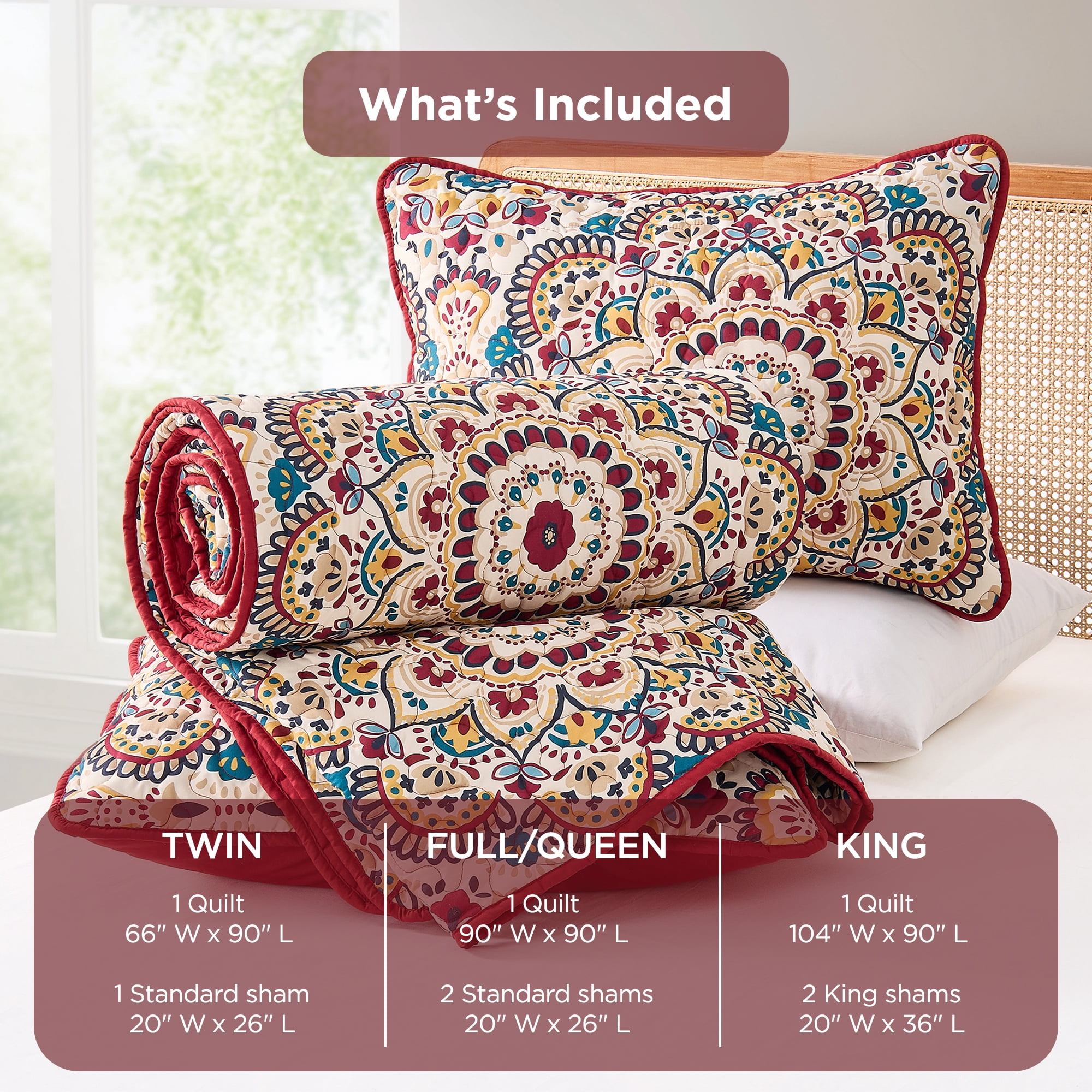 Regency Heights Twin/Twin Quilt Set, 3-Piece Reversible Bedspread Coverlet Set, Red Quilted Bedding Set with Shams for All Season