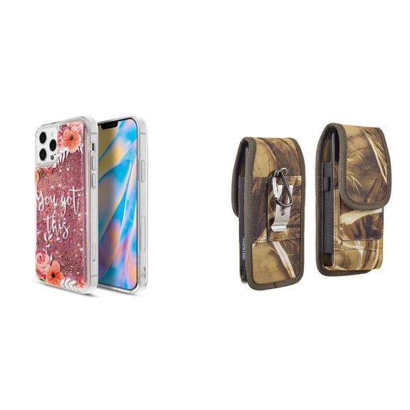 Liquid Glitter Case for iPhone 14 Pro and Belt Holster Pouch (You Got This/Camo)