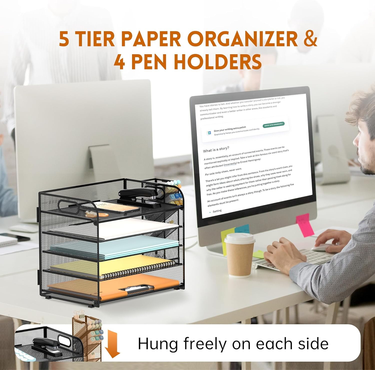 INTIGE 5 Tier Desk File Organizer with Handle and Pen Holders, Metal Paper Organizer for Office Supplies, Black, 1 Piece