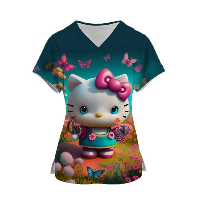 RWJDXD Kawaii Uniforme d'Infirmière Blouses Médicales pour Femmes Imprimé Hello Kitty Manches Courtes avec Poche Blouse d'Été