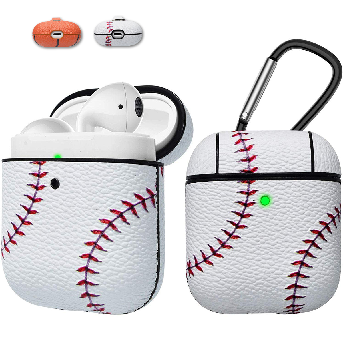 Apple Airpods Case Skin, Takfox AirPods Accessories Case for Airpods 1 & 2 Portable Protective Anti-Scratch PU Leather Cover Skin for Airpods 1 & AirPods 2 [Front LED Visible] w/ Keychain - Baseball - image 1 of 9