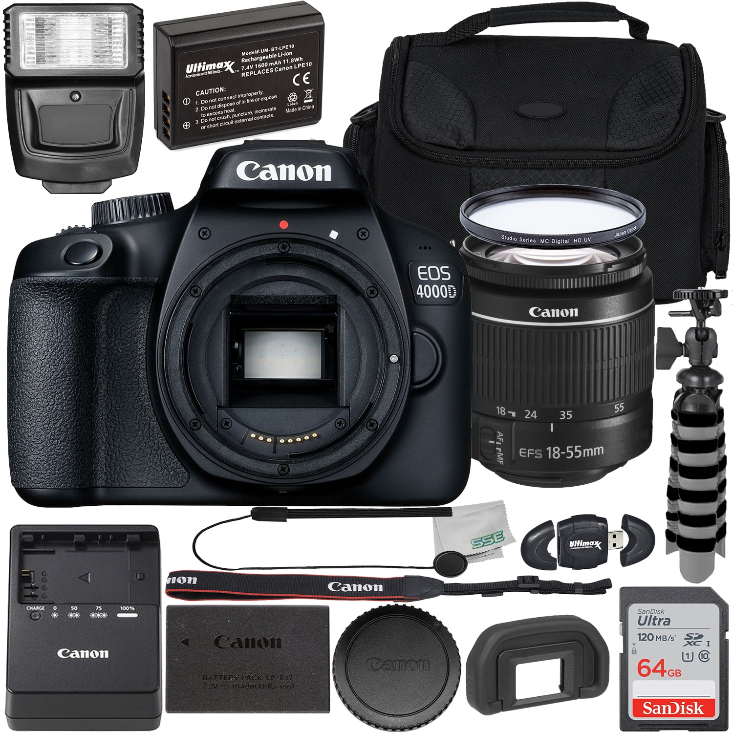Canon EOS 4000D (International Model) DSLR Camera with EF-S 18-55mm f/3.5-5.6 III Lens and Starter Accessory Bundle Includes SanDisk Ultra 64GB SDXC Card Digital Flash Extended Life Replacement Ba