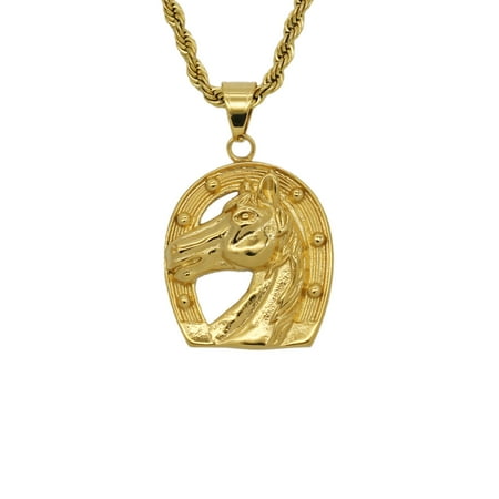 Exquisite Fashion Jockey Club Horse Medal 14K Yellow Necklace Men's Gold Coin Ice Out Glittering Hip Hop Jewelry