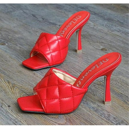 

Marian Sqaure Toe Red Quilted Mule Heels Shoe Black PU High Heel Shoes Women Sandals Sliper Woman Shoes Zapatos Mujer White Blue