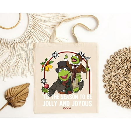 vintage Kermit Frog And Tiny Tim Rob!in Frog Tis The Season Be Jolly And Joyous Fa La La Tote Bag  Mup#pet Christmas Carol Bag-TH41951