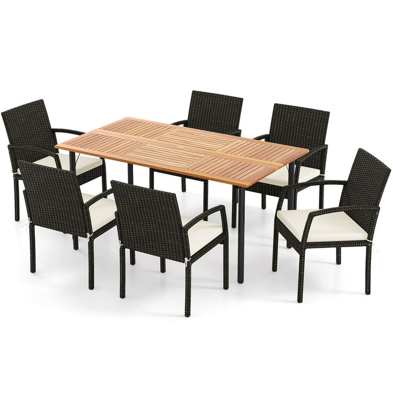 costway 7pcs patio rattan dining set table top w/umbrella hole Costway 7-Piece Outdoor Patio Dining Set with Umbrella Hole and 6 Rattan  Chairs