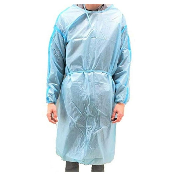 100 Pack LEVEL 2 PP   PE Disposable Isolation Gowns Blue with Elastic Cuff, Latex-Free, Non-Woven, Fluid Resistant, Dental, Medical, Hospital, Industries, SIZE FITS ALL (100 PCS=10 Bags)