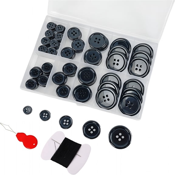TUWAFE 100Pcs Black Sewing Buttons Kit, Including Needle, Sewing Thread, and Threader, 5 Sizes 4-Hole Craft Buttons, Suitable for Sewing, Clothes, Suit Coat Shirt Buttons, DIY Decoration (Black)
