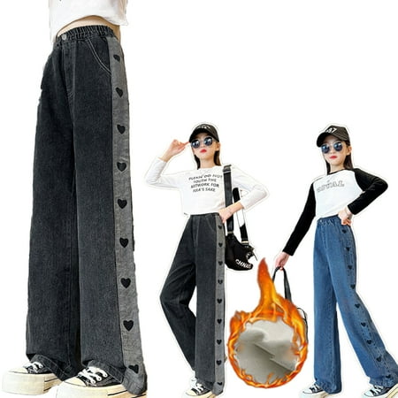 

FJUCHAI Teen Girls Fleece Denim Pants for Kids: Toddler Winter Padded Thickened Denim 5-15 Years Youth Solid Color Straight Legged Pants
