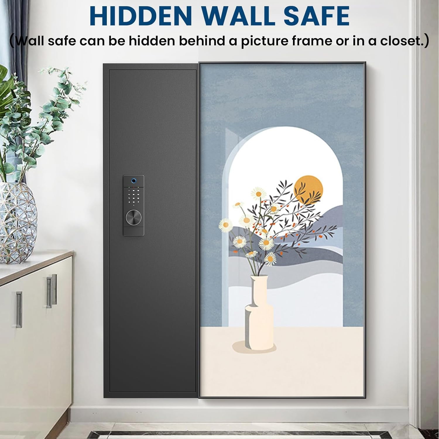 53.15" Tall Wall Safe Between the Studs 16" Centers, Hidden Wall Safes With Removable shelfs and Adjustable Gun Rack, Biometric Wall Gun Safe for Home Rifle, Cash, Jewelry, Documents - Black
